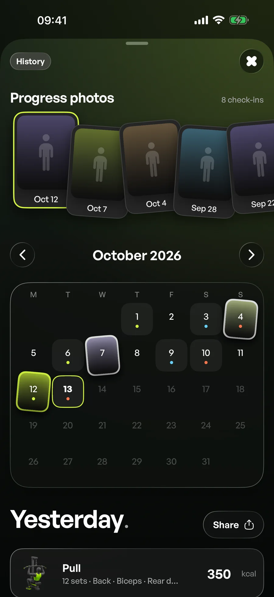Calendar screen with sessions, meals and photos by day