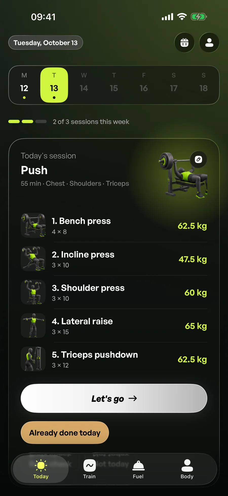 Aura's Today screen: this week's sessions and today's Push workout with the weight for each exercise