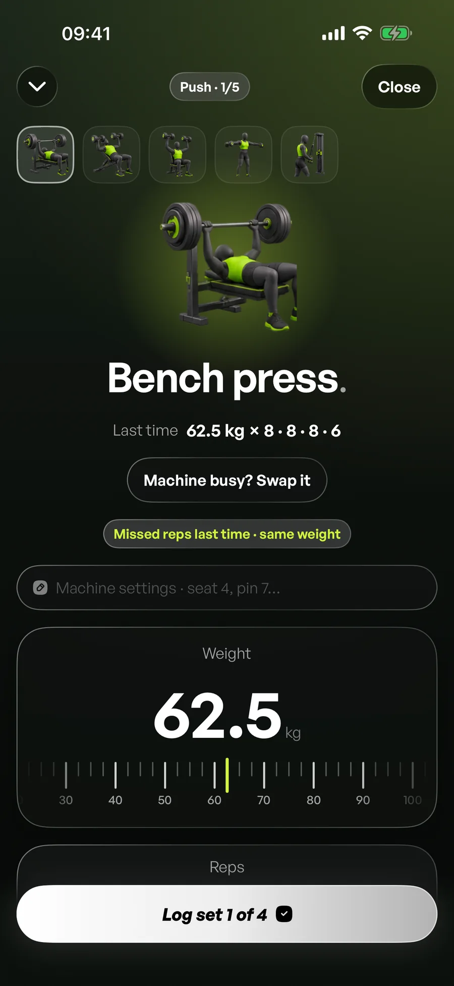 Logging a bench press set: last time 62.5 kg for 8, a weight ruler and the Log set button
